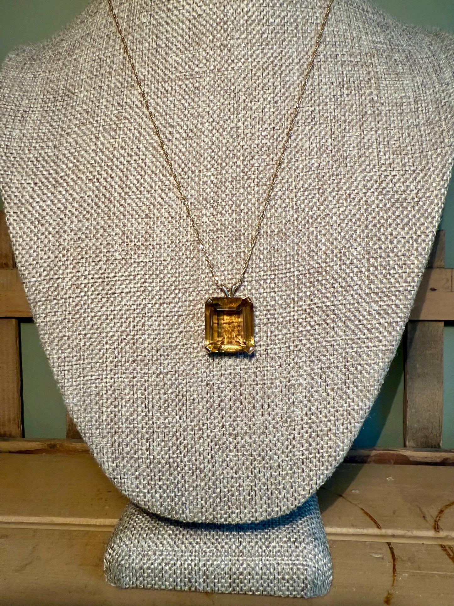 A Vintage 14K Yellow Gold Rectangle Cut Citrine on a 14K Chain