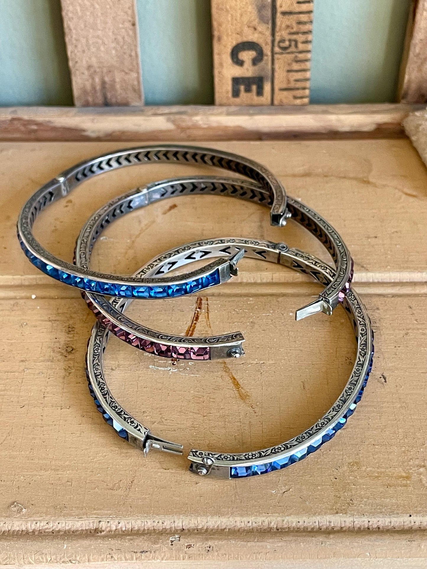 Art Deco Sterling Silver Bracelet Bangle: Ceylon Blue & Rose Cut Glass