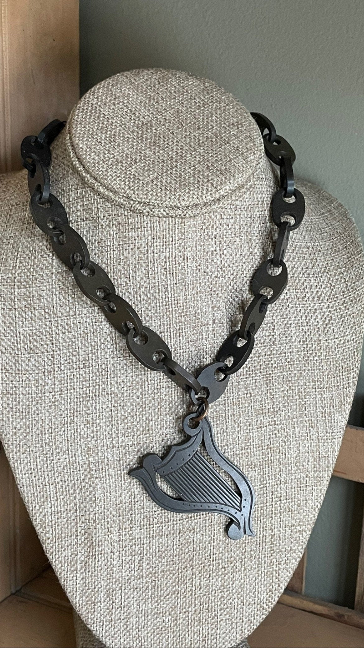 Antique Victorian Vulcanite Large Irish Harp and Chain Choker Necklace