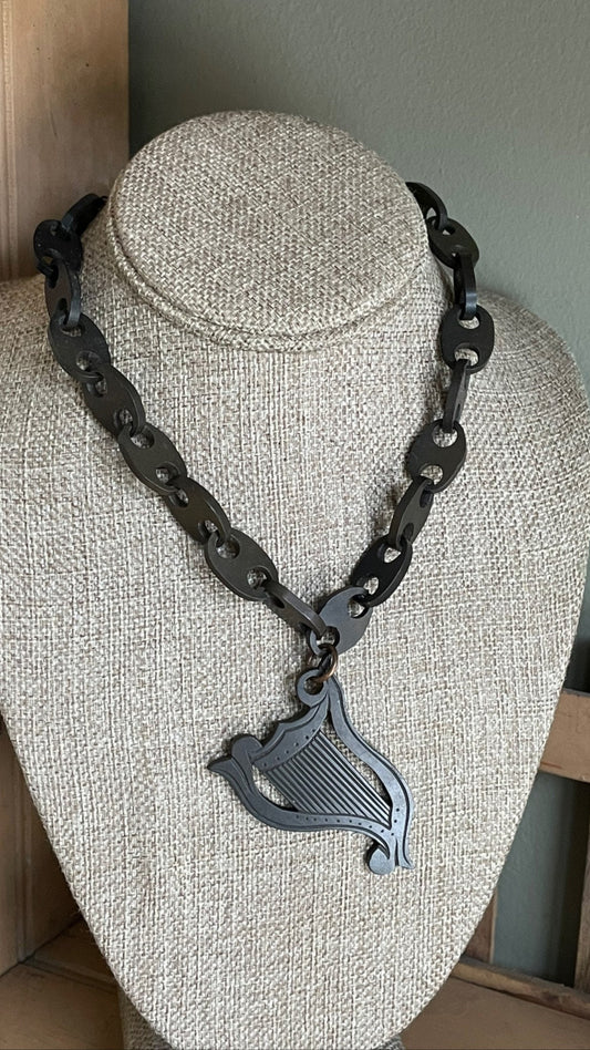 Antique Victorian Vulcanite Large Irish Harp and Chain Choker Necklace