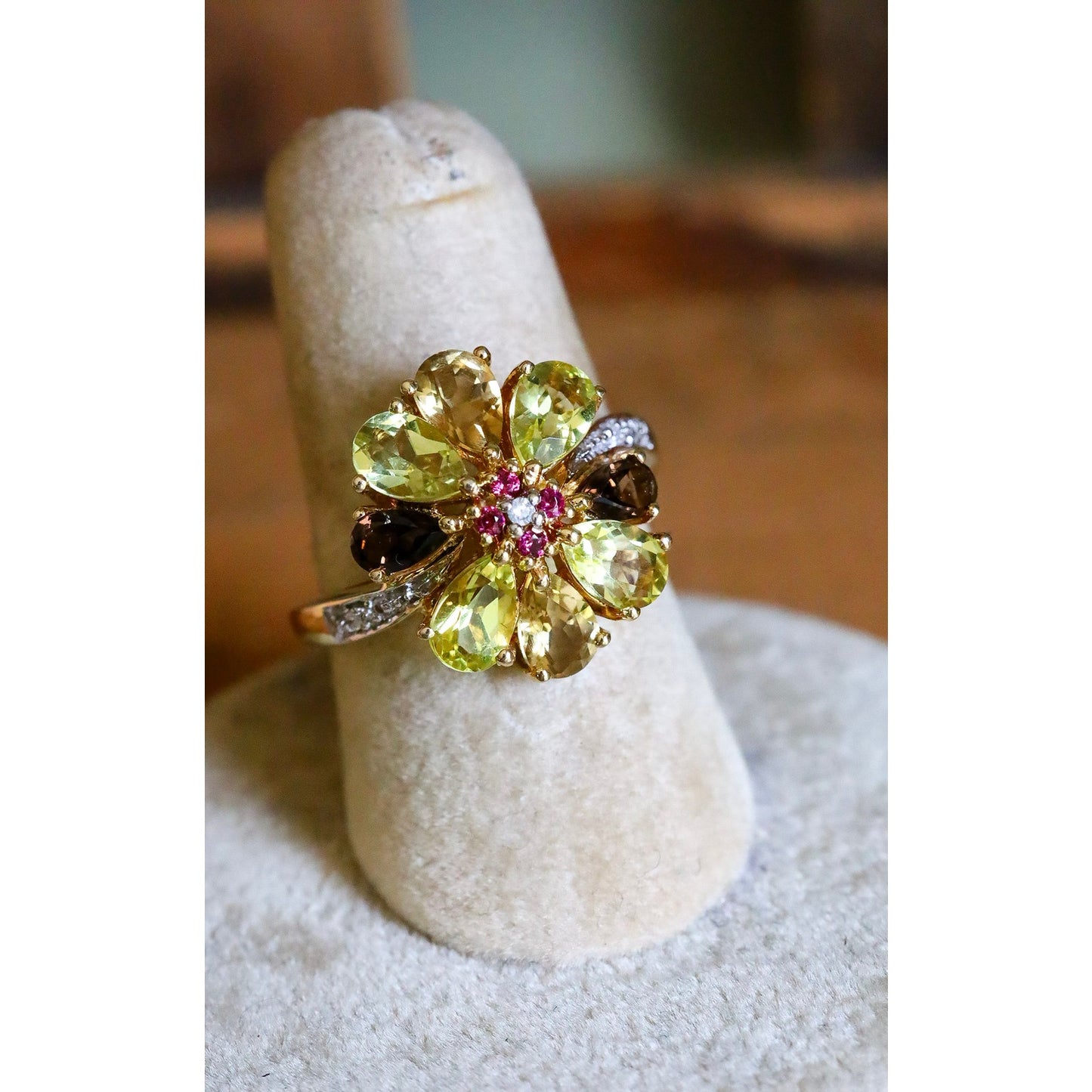 Unique Vintage Multi-Hue Citrine, Ruby and Diamond 10K Yellow Gold Ring