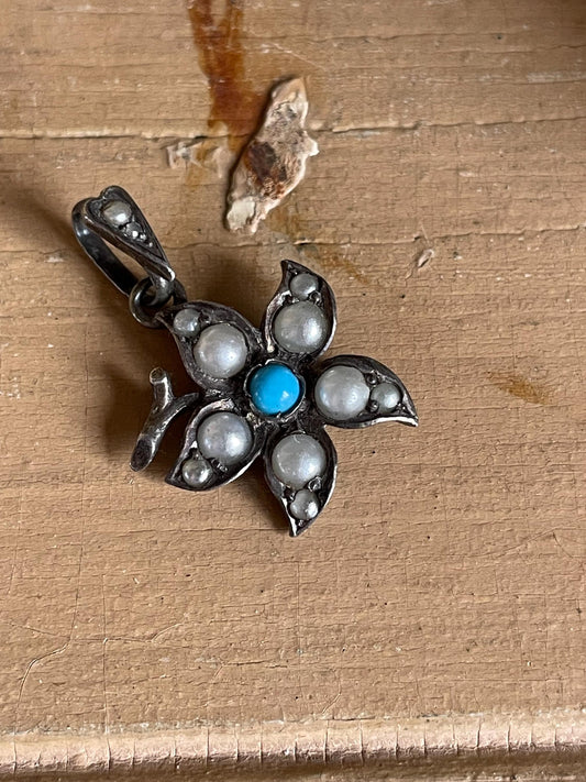 c1900 Silver Edwardian Turquoise and Pearl Flower Pendant