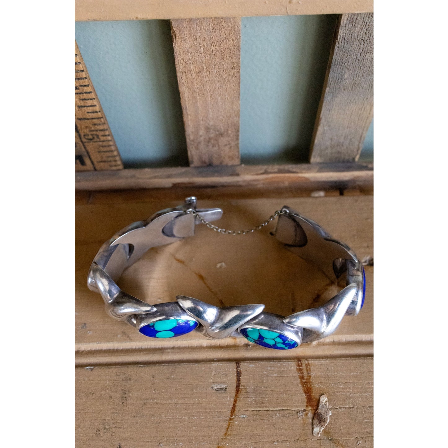 Vintage Sterling Silver Mexican XO Link Bracelet Set with Azurite-Malachite