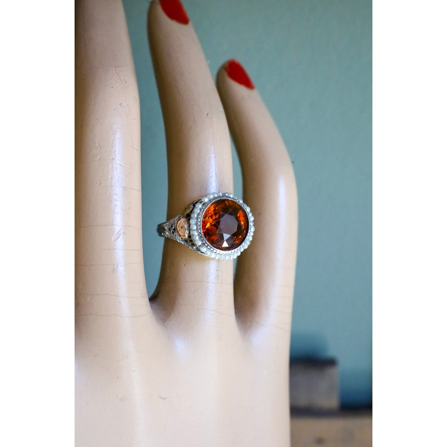 c1930 Art Deco 14K White, Rose, Green Gold Filigree Maderia Citrine and Seed Pearl Ring