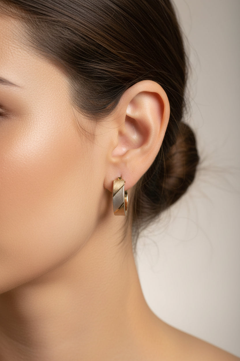 c1980 10K Italian Rose, White and Yellow Gold Textured Finish Oval Hoop Earrings