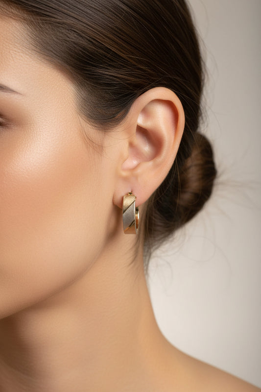 c1980 10K Italian Rose, White and Yellow Gold Textured Finish Oval Hoop Earrings