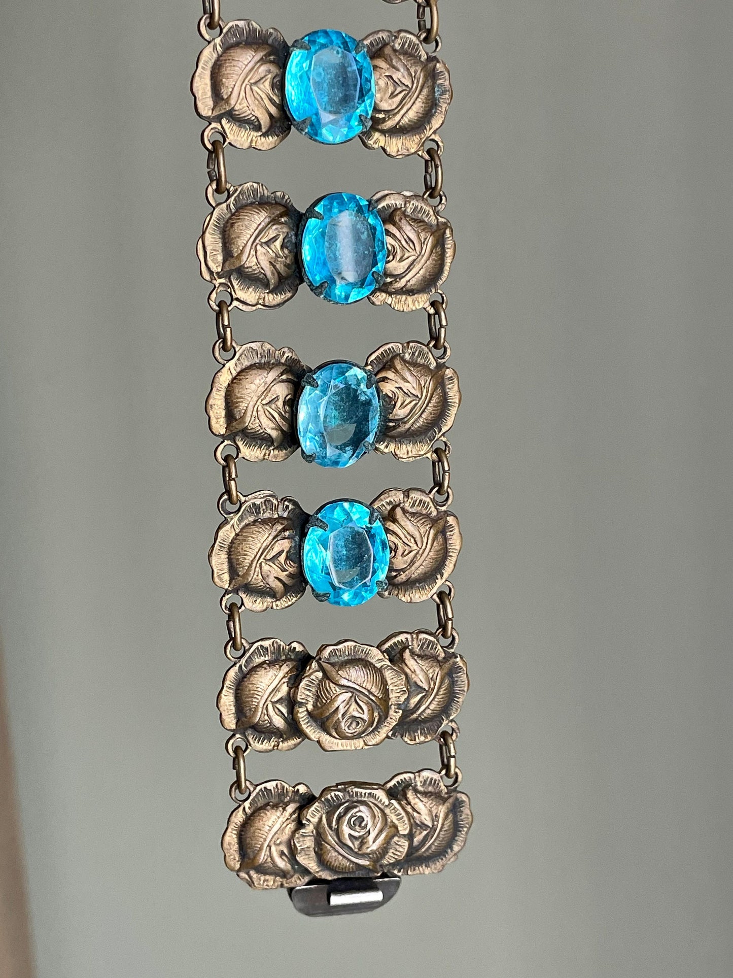 Late Edwardian Early Art Deco Aqua Paste Brass Alloy Wide Bracelet