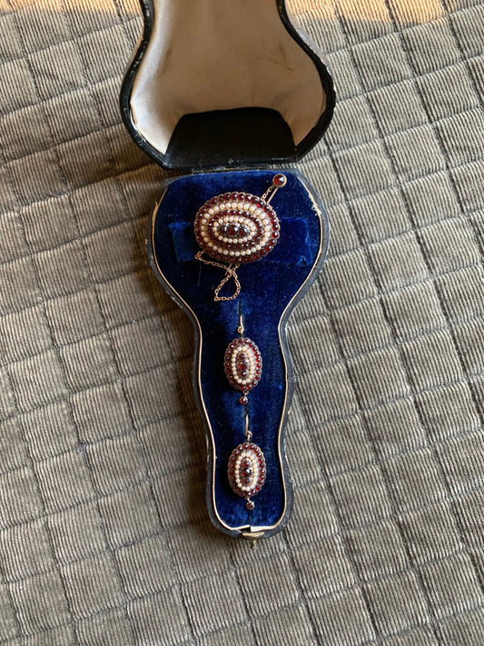 SALE 14K Late Victorian Bohemian Cut Garnet and Pearl Brooch and Matching Earrings