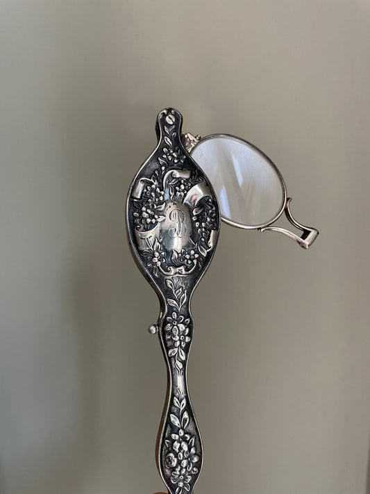 Antique Victorian Sterling Silver Lorgnette Necklace with Dog Clip Chain