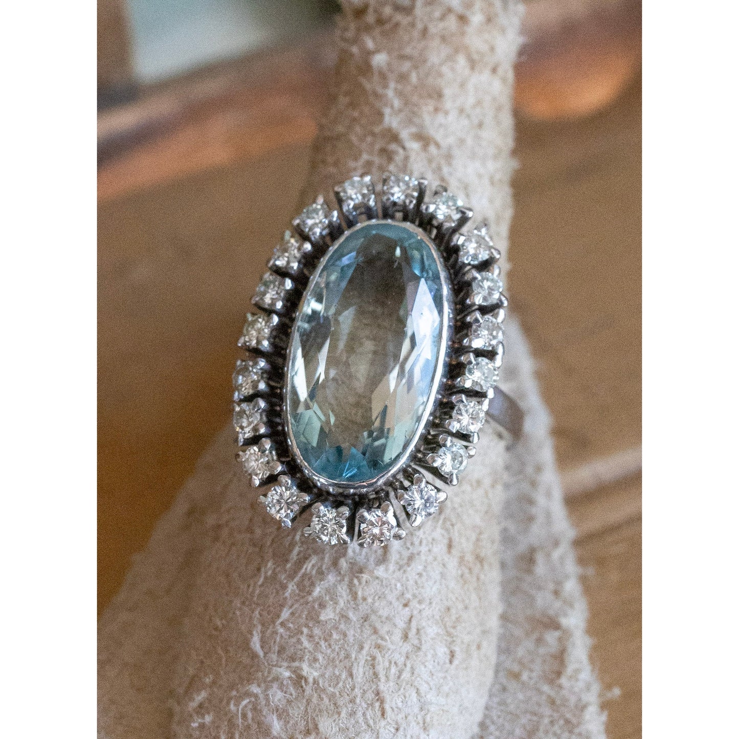Vintage 1950's 18K White Gold Mid-Century Oval Cut Aquamarine and Natural Diamond Halo Ring