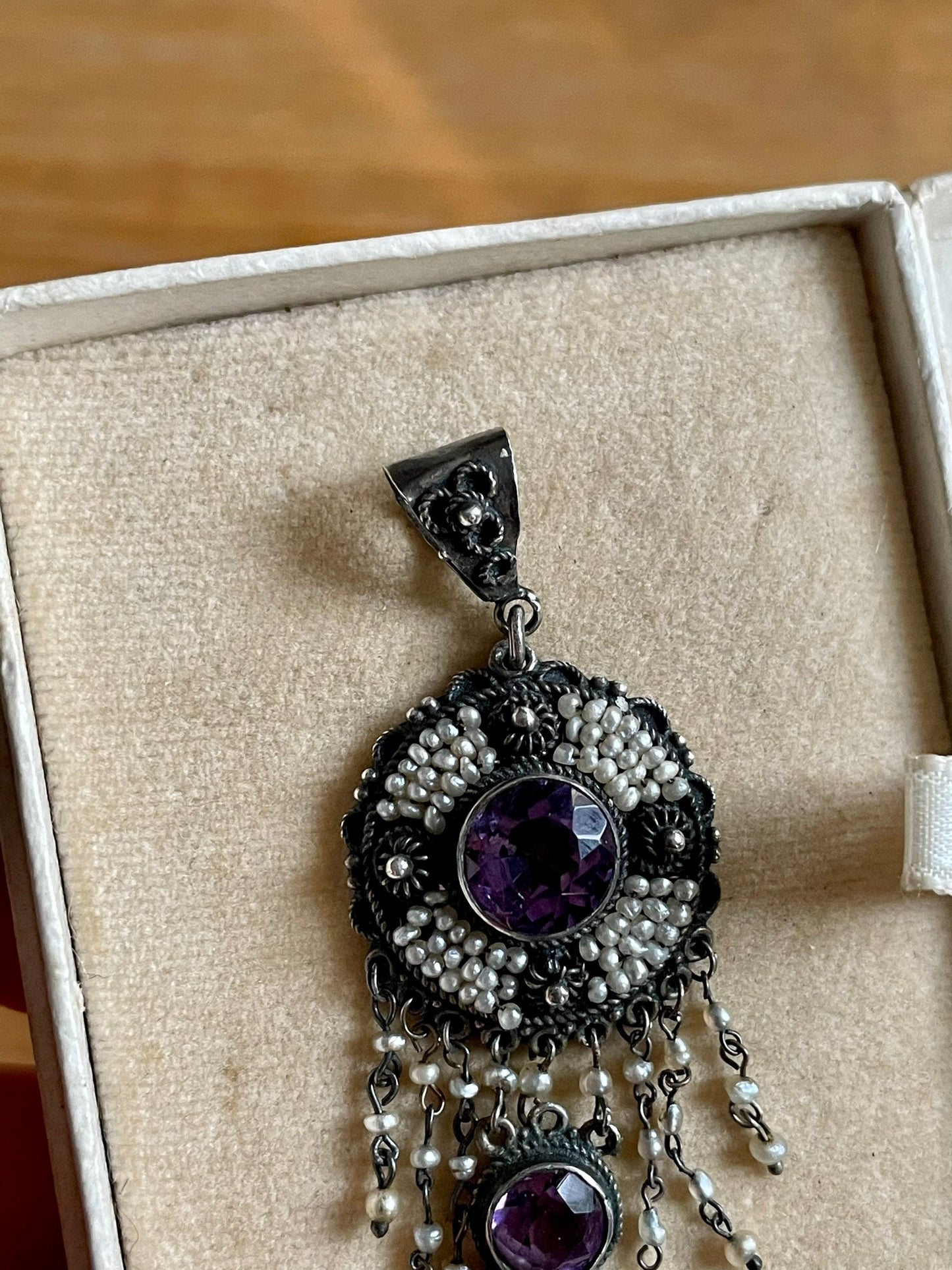 Late Victorian / Art Nouveau Amethyst and Seed Pearl Dangle Pendant