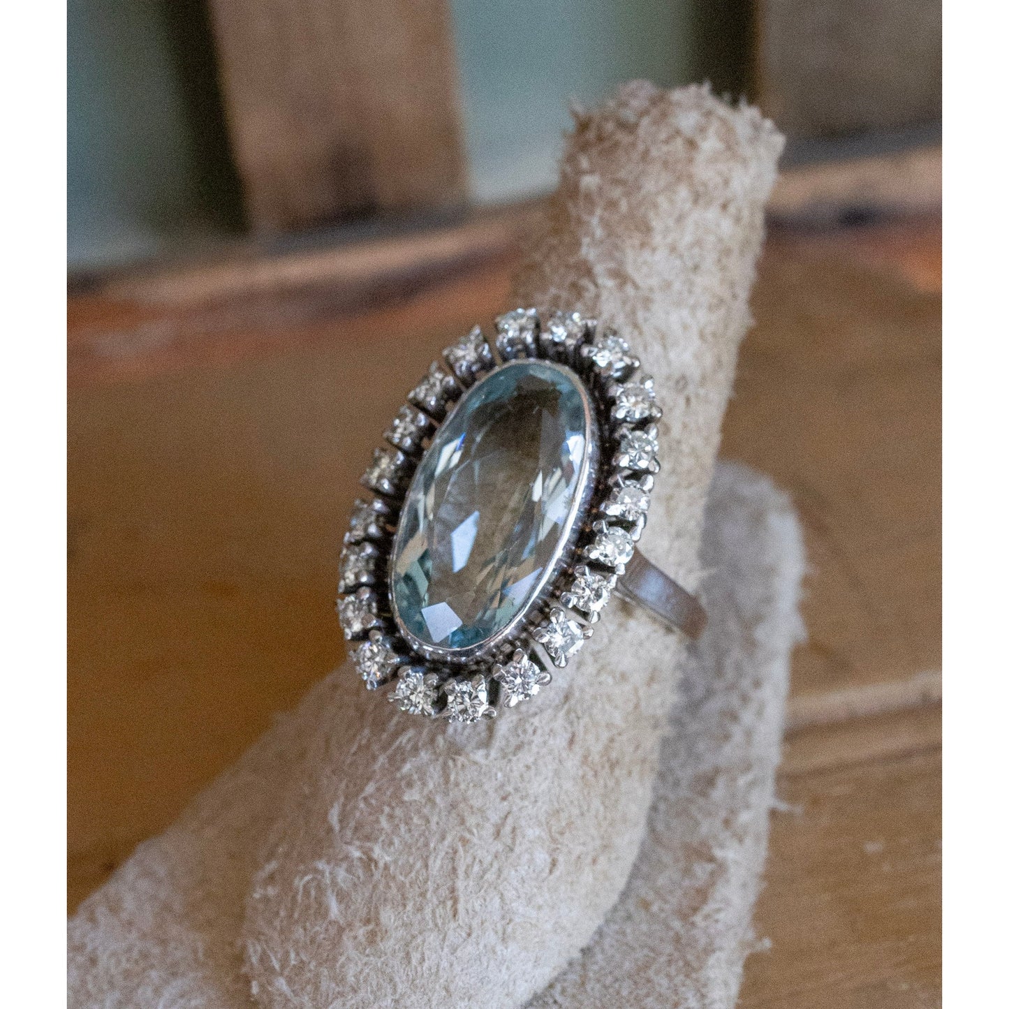 Vintage 1950's 18K White Gold Mid-Century Oval Cut Aquamarine and Natural Diamond Halo Ring