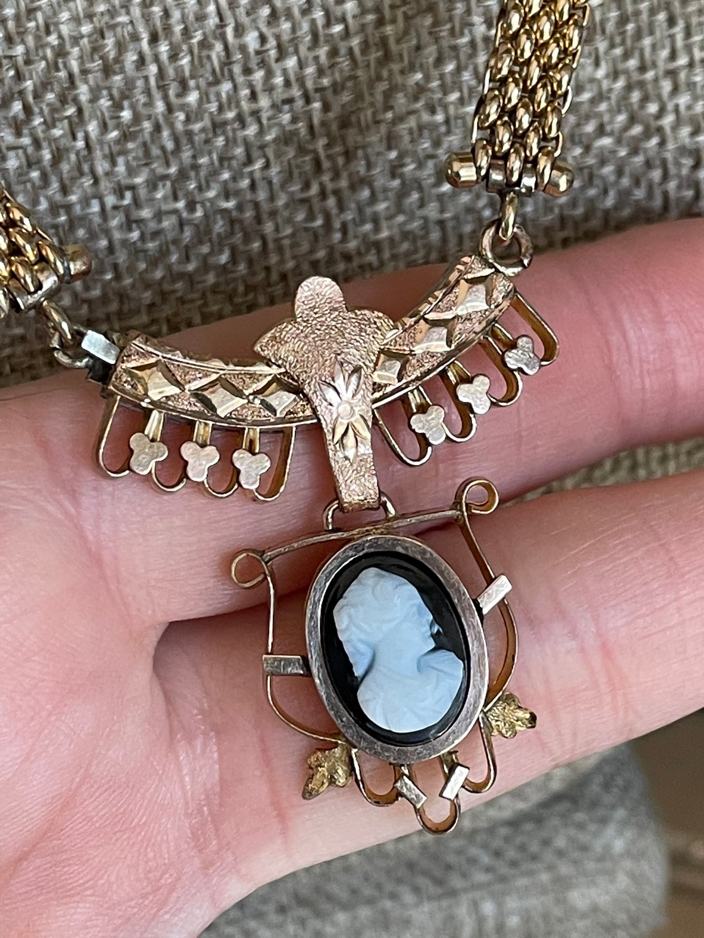 c1880 Victorian Rose Gold Filled Necklace with Sardonyx Carved Cameo