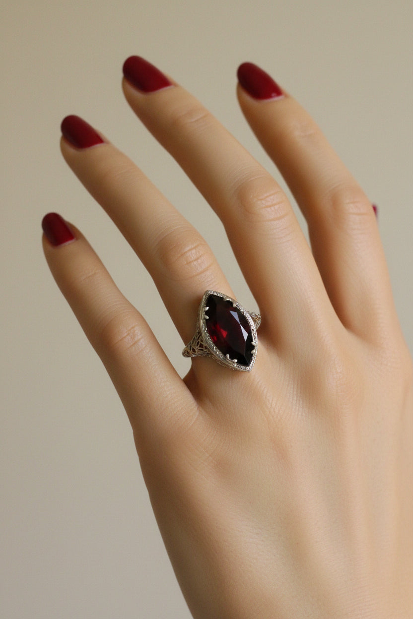 Art Deco 14K White Gold Marquis Cut Garnet Filigree Ring