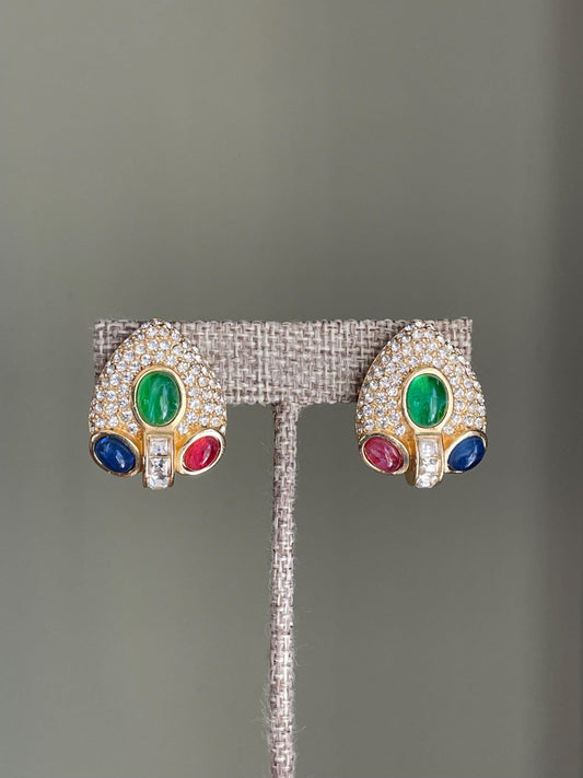 Christian Dior GROSSE 1960 Glass Ruby Sapphire Emerald Designer Clip Earrings