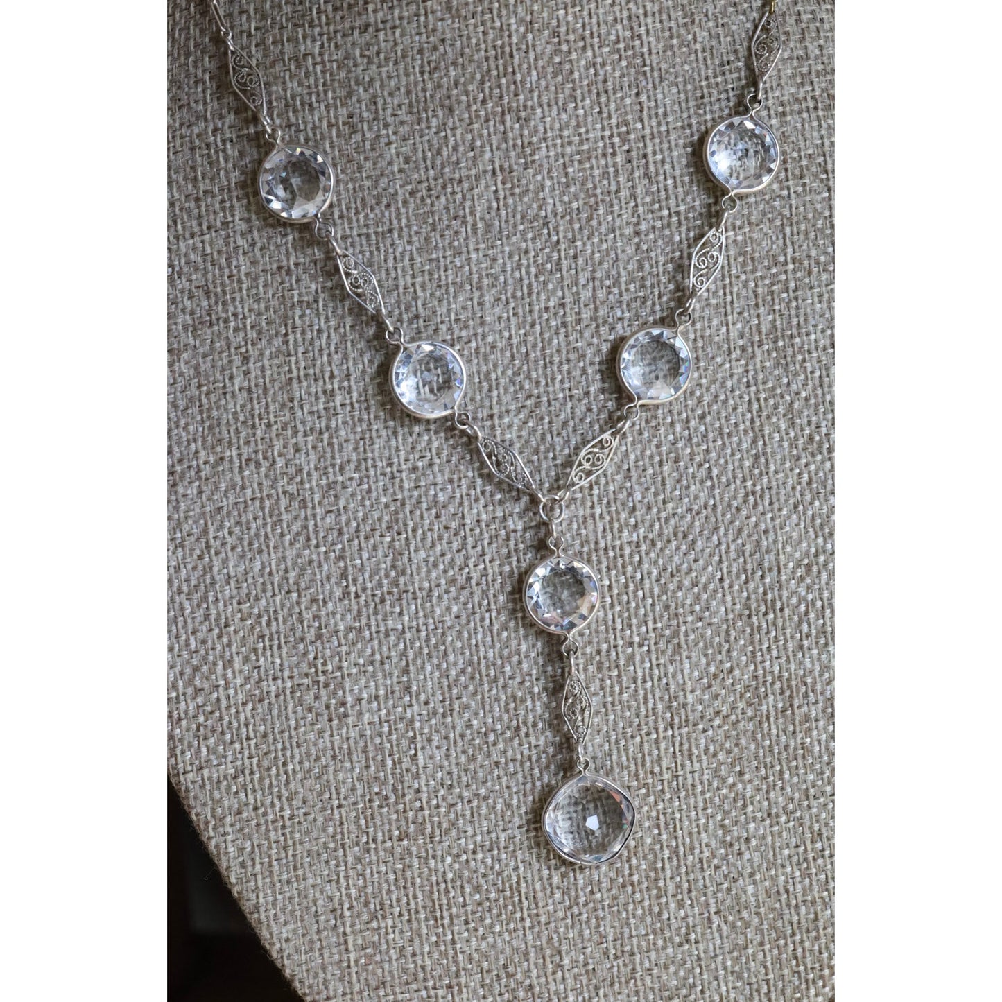 C1920 Rhodium Plated Art Deco Cut Crystal Dangle Necklace