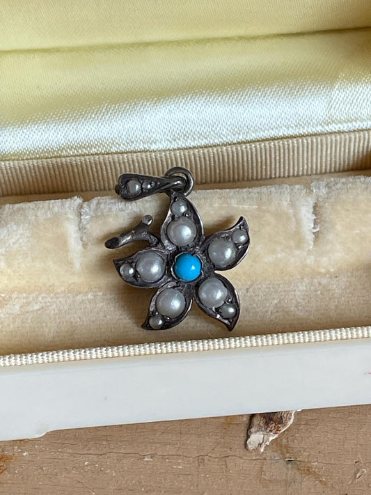 c1900 Silver Edwardian Turquoise and Pearl Flower Pendant