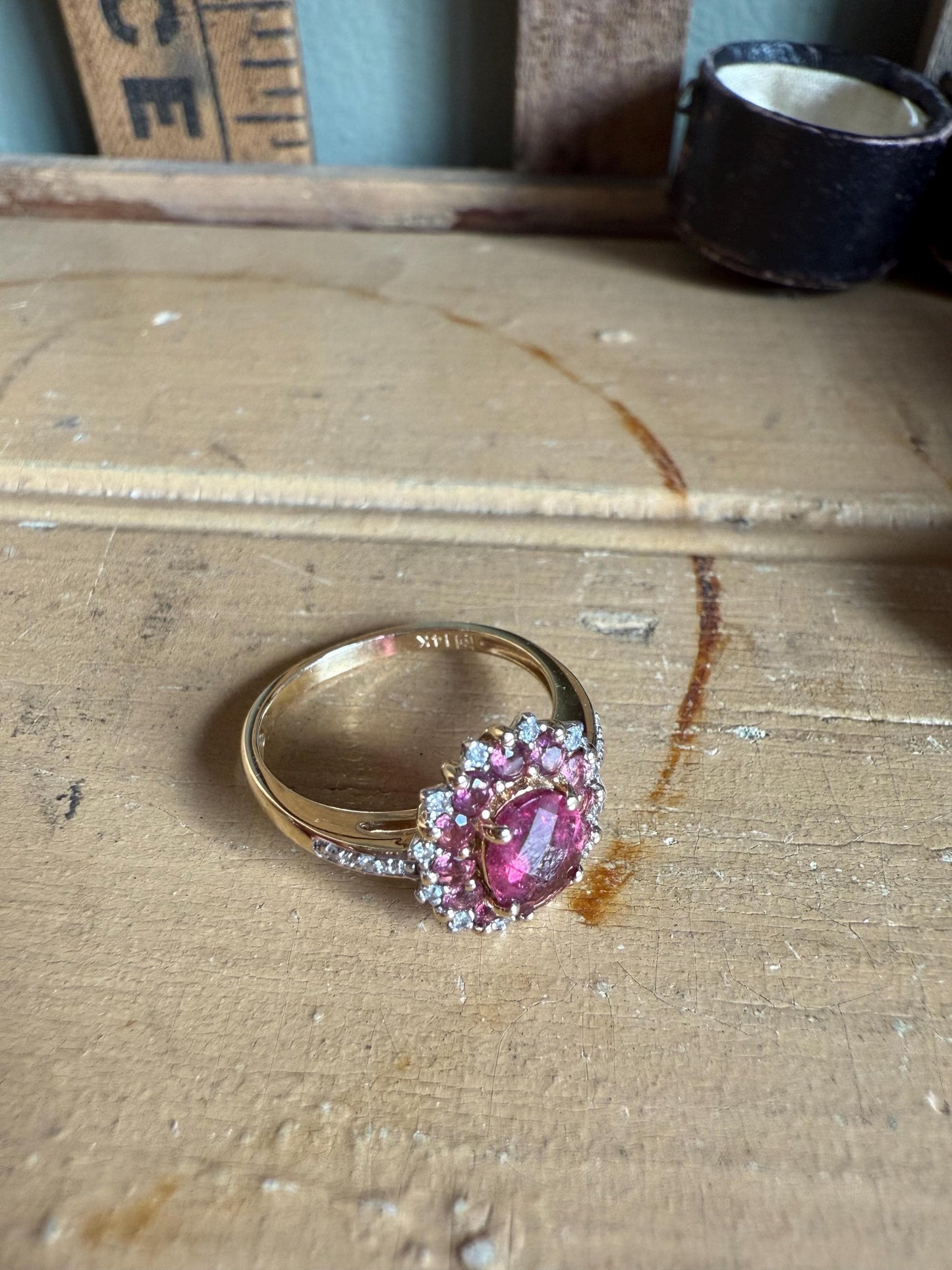 14K Yellow and White Gold Checkerboard Cut Pink Tourmaline with Accent Diamonds