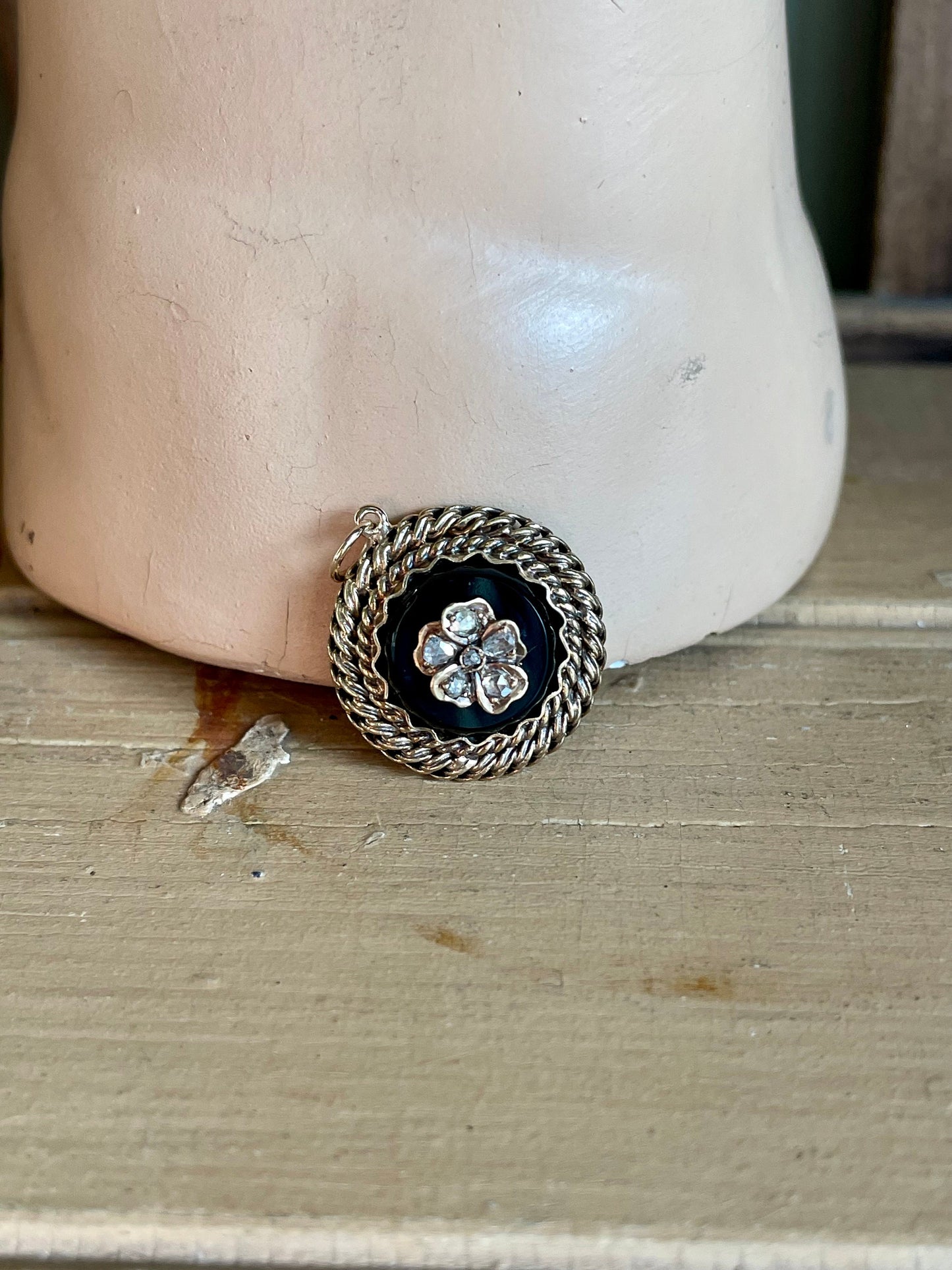 Antique 14K Yellow Gold Onyx Rose Cut Diamond Pansy Pendant