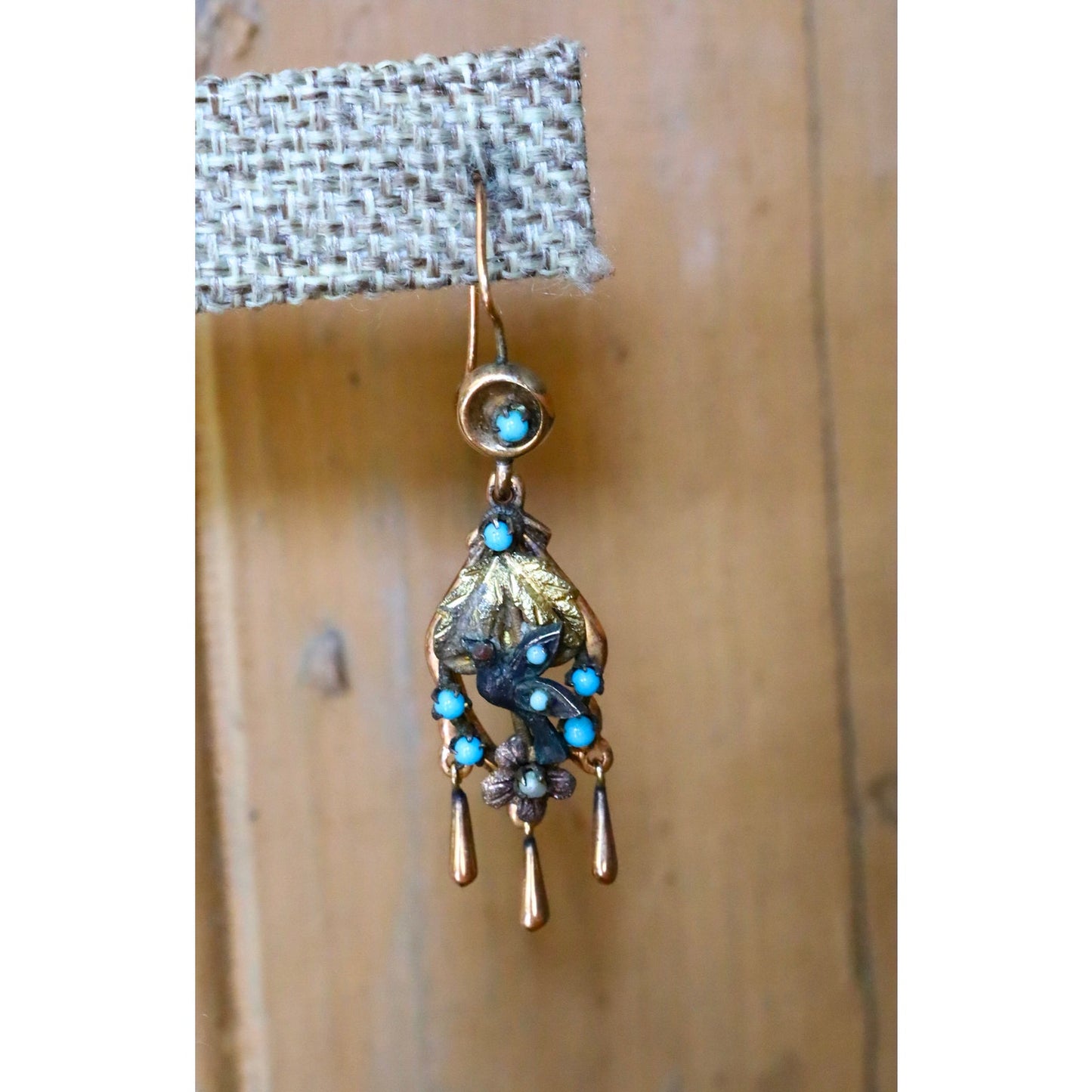 Antique 8-9K Tri Color Gold Mexican Made Bird Motif Dangle Earrings