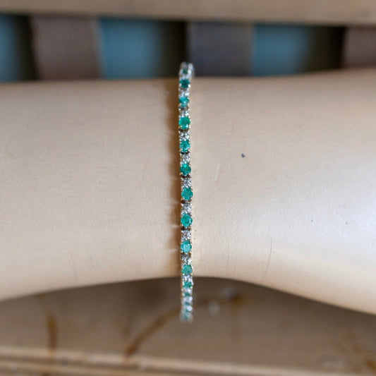 Vintage 14K Yellow Gold Natural Emerald and Diamond Line Bracelet