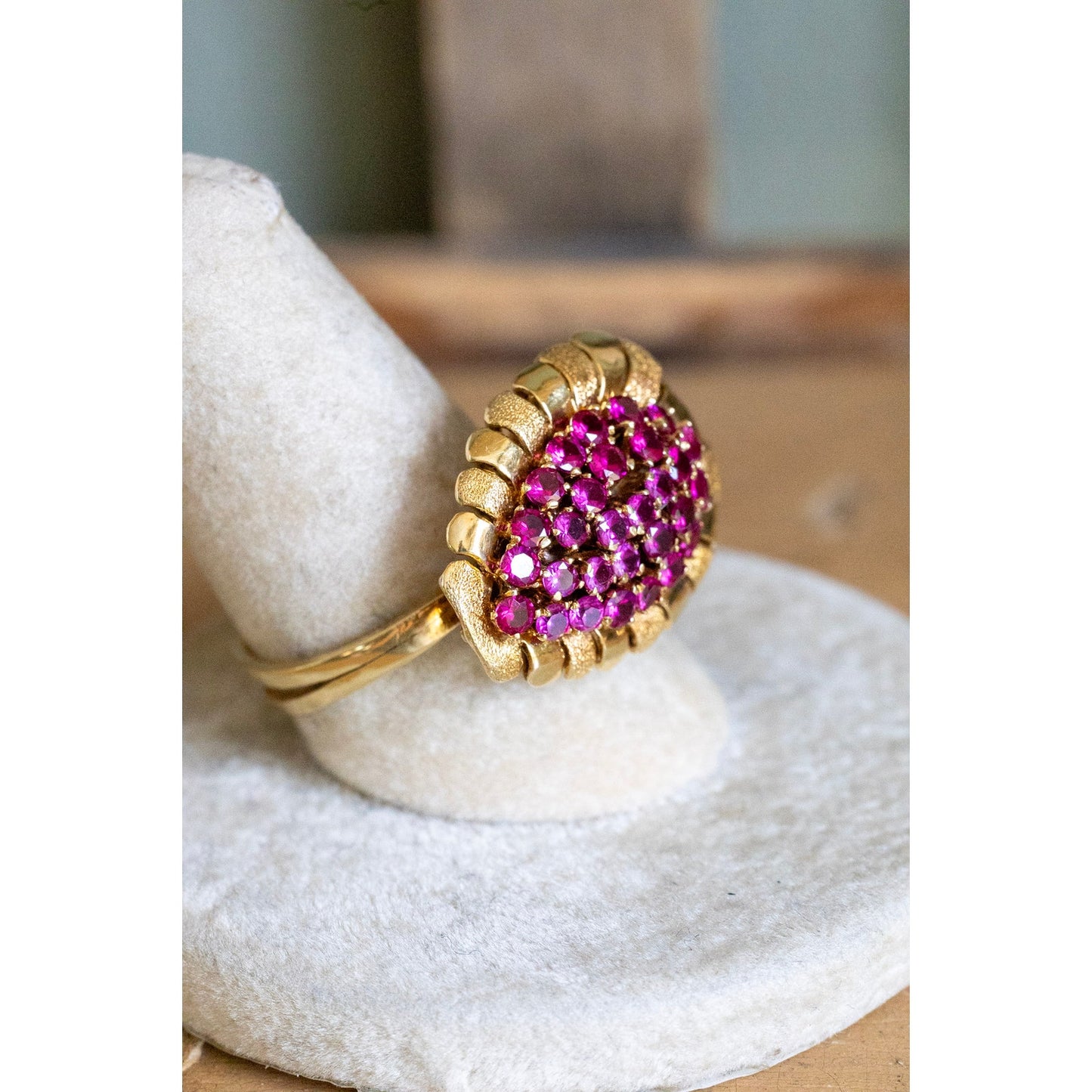 Mid Century 1950's 18K Yellow Gold Ruby Set Cocktail Ring
