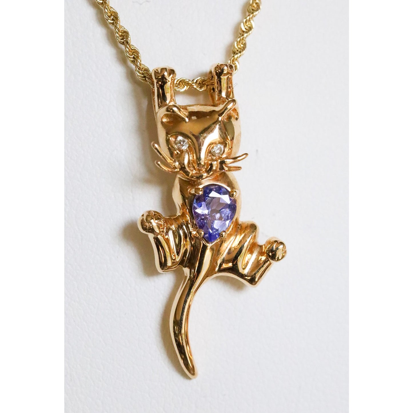 Vintage 14k Yellow Gold Hanging Cat Pendant with Tanzanite and Diamonds