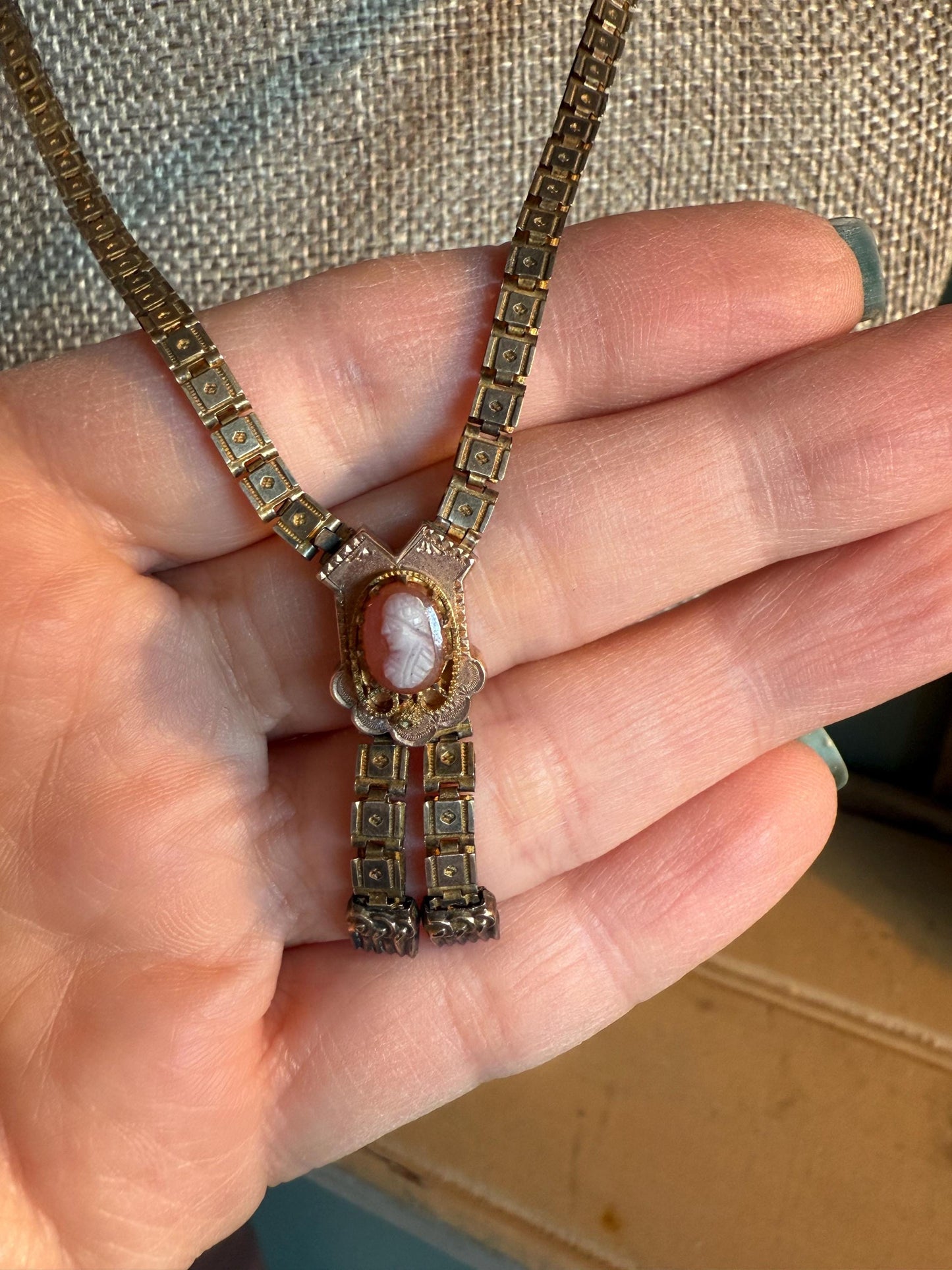 C1880 Victorian Bookchain Necklace Featuring a Cameo with Tassel Pendant