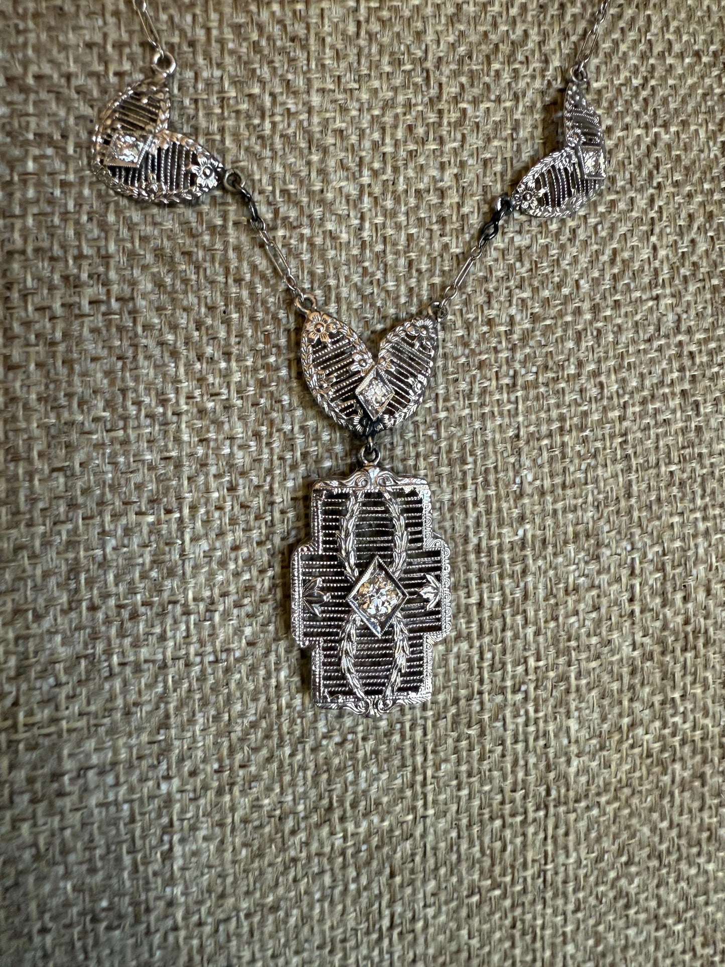 Vintage Art Deco 14K White Gold Filigree Diamond Set Necklace
