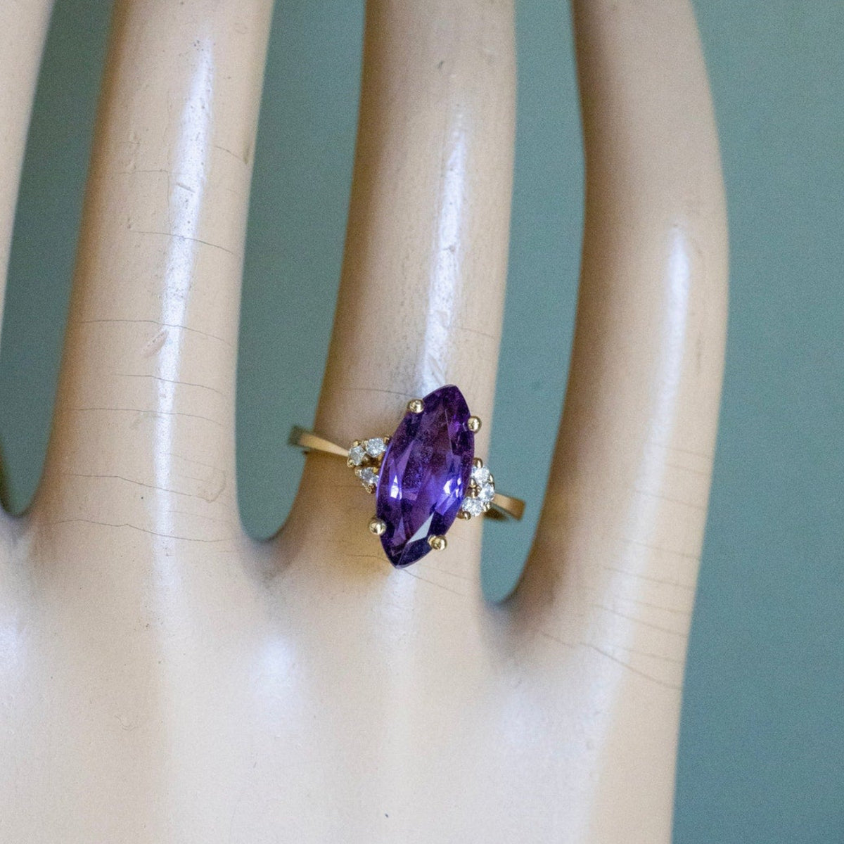 c1980 14K Yellow Gold Ring with Marquis Cut Amethyst and Diamonds