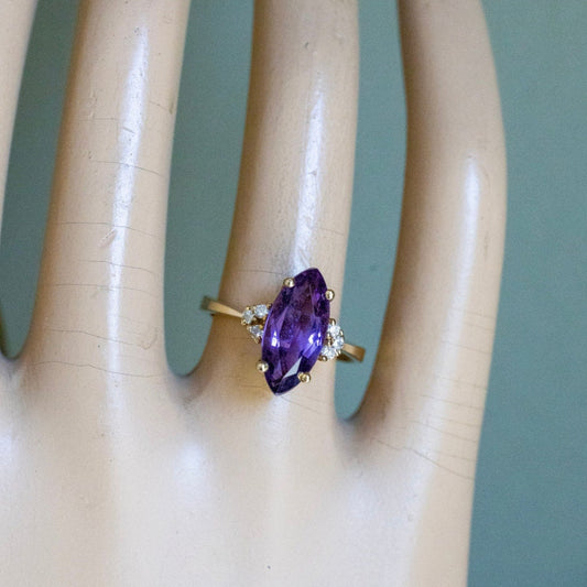 c1980 14K Yellow Gold Ring with Marquis Cut Amethyst and Diamonds
