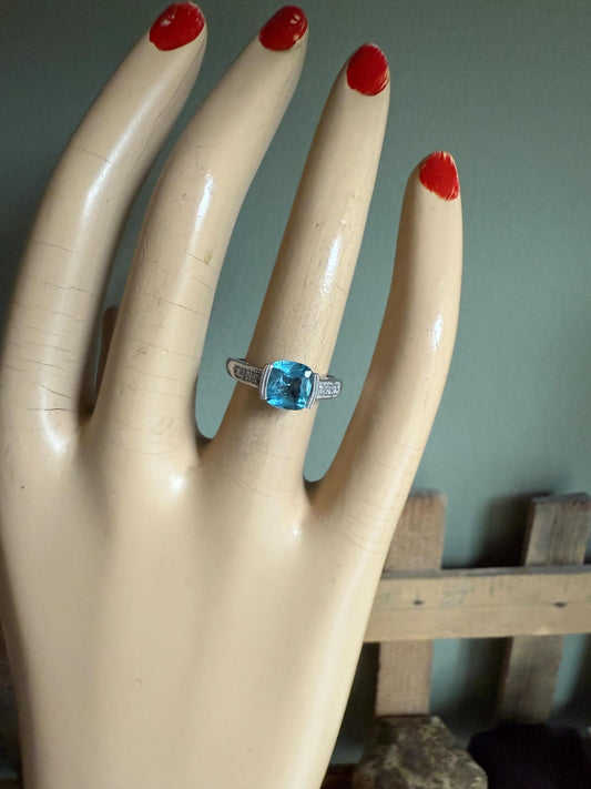 Vintage 10K White Gold Cushion Cut Blue Topaz and Diamond Ring