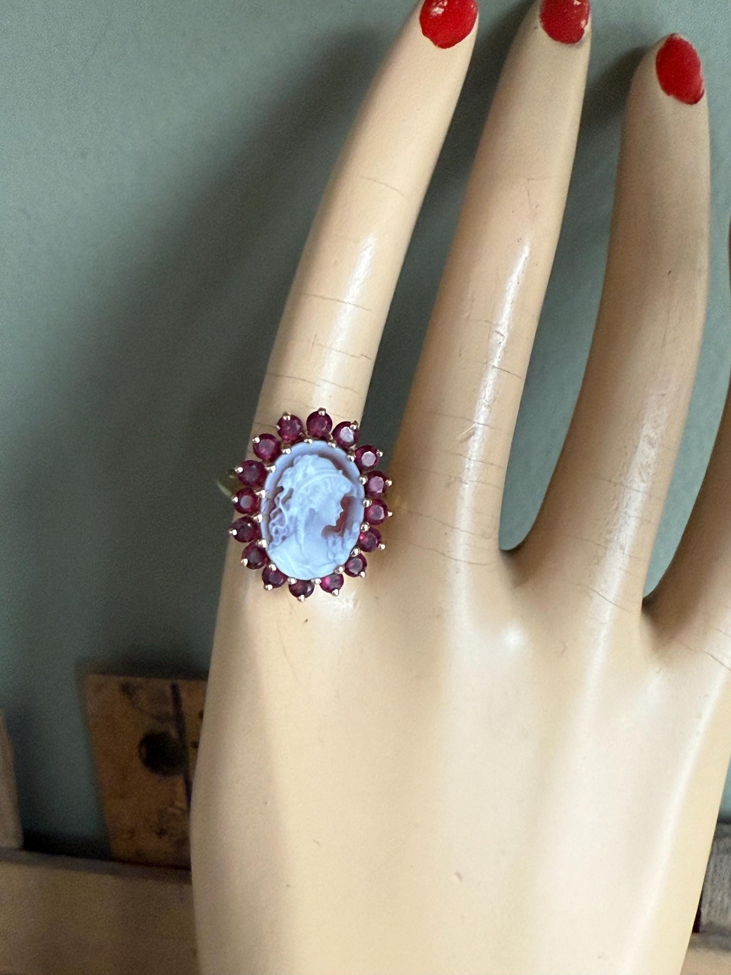 Vintage 14K Yellow Gold Carved Shell Cameo with Pink Tourmaline Halo Ring