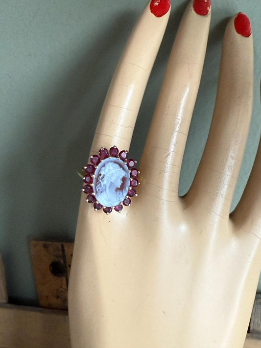 Vintage 14K Yellow Gold Carved Shell Cameo with Pink Tourmaline Halo Ring