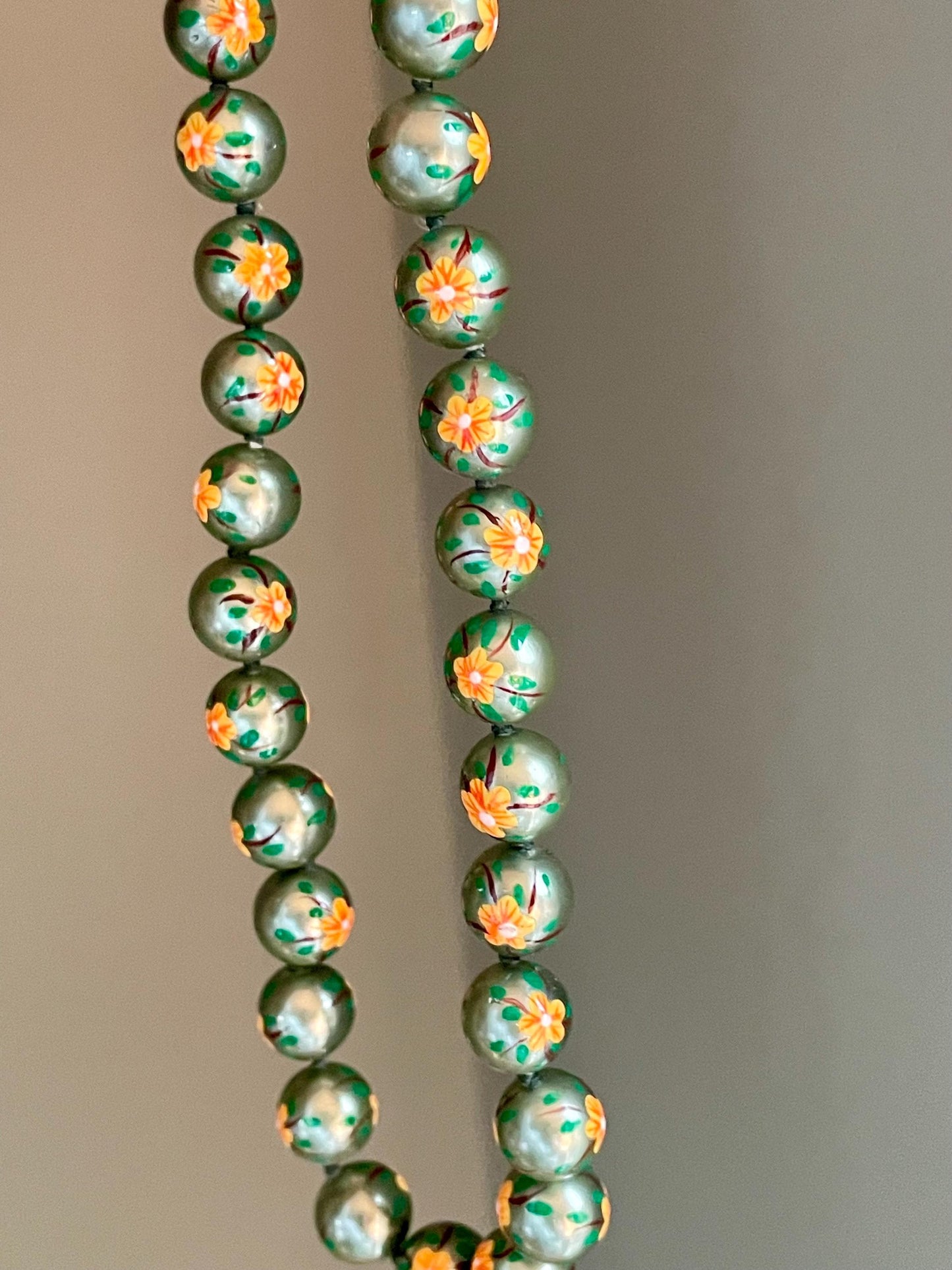 c1950 One of a Kind Hand Painted Pearl Necklace with 10K Yellow Gold Clasp