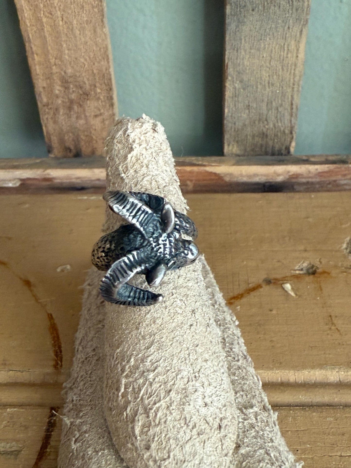 Vintage Solid Sterling Silver Ram Ring with Blue Eyes 1960-1970
