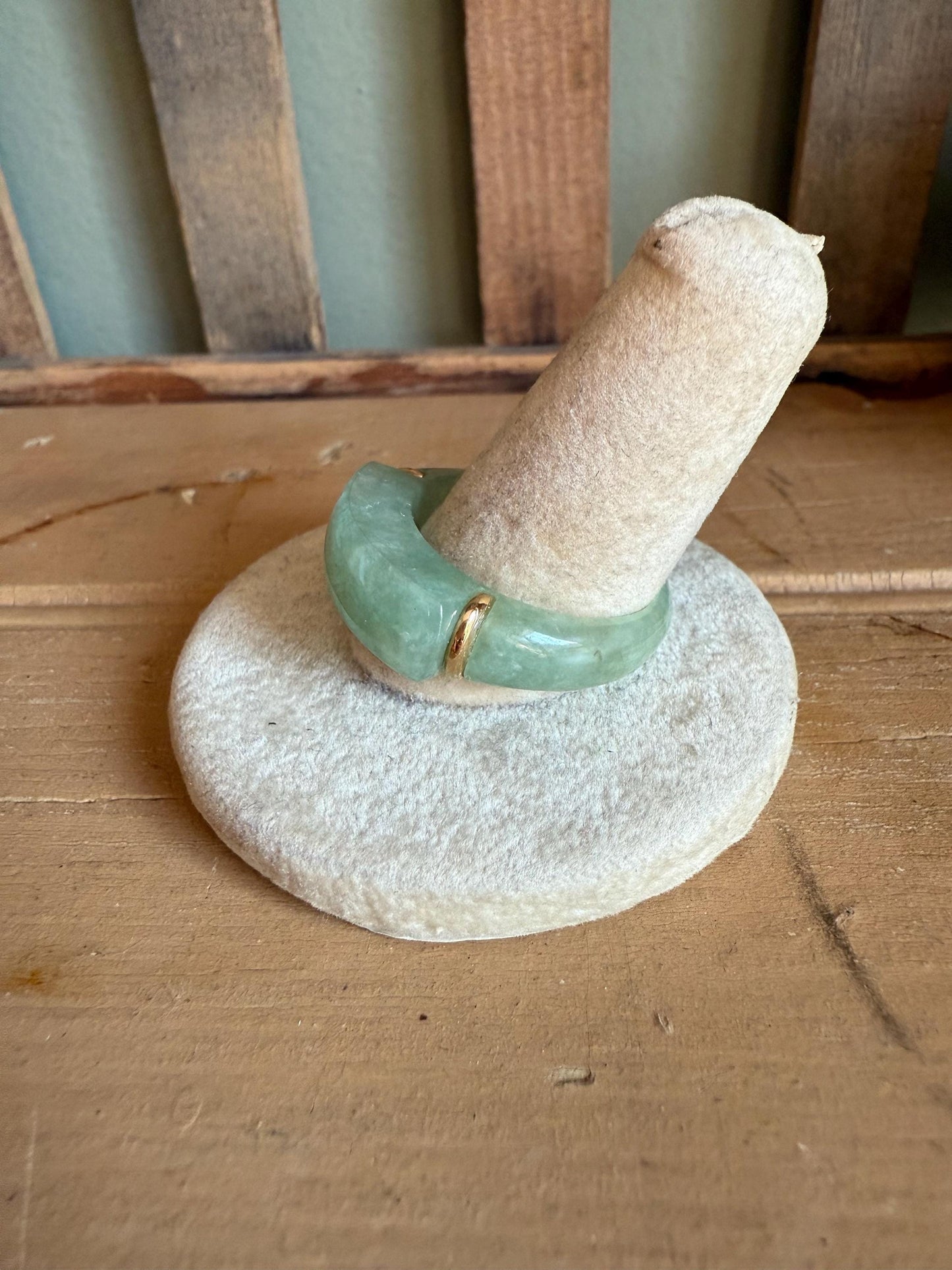 Vintage Solid Green Jade Ring with 14K Accents Size 11