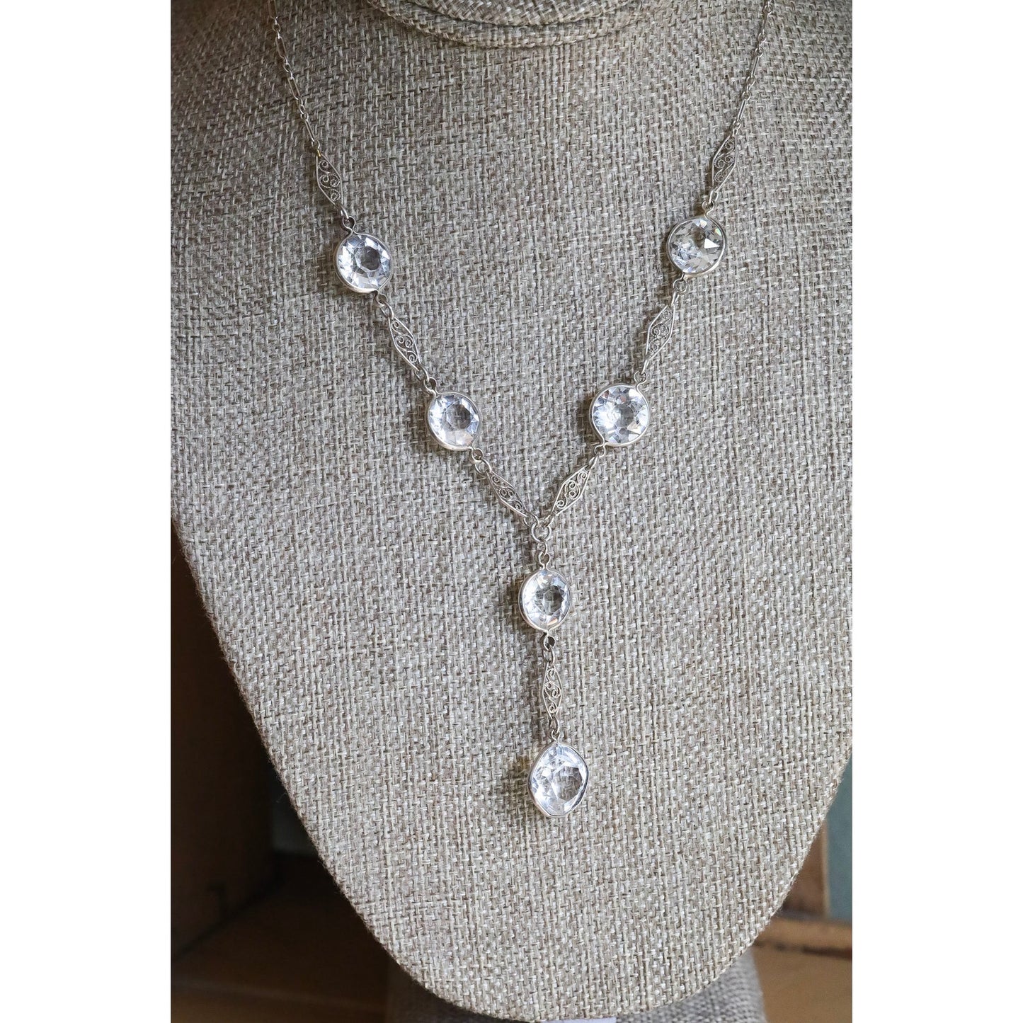 C1920 Rhodium Plated Art Deco Cut Crystal Dangle Necklace