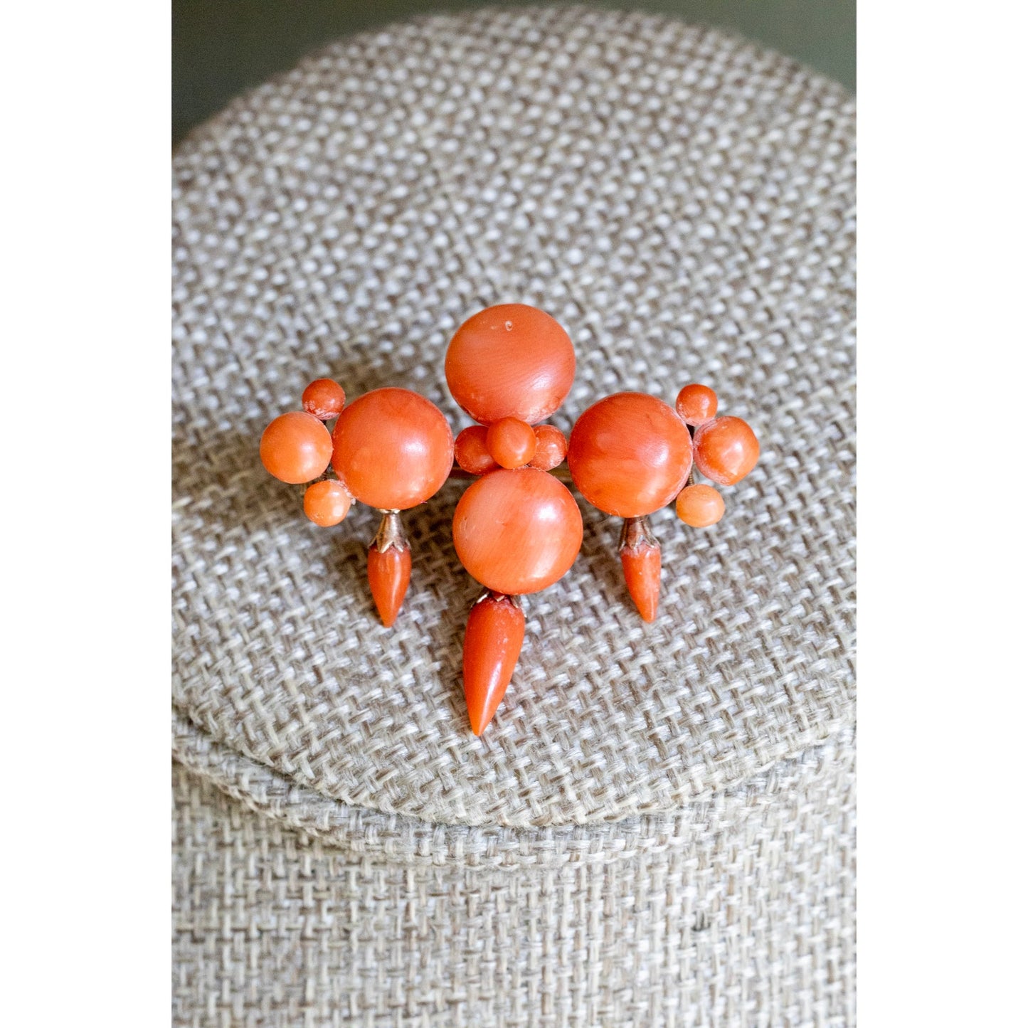 Antique Victorian Natural Untreated Coral Brooch With Hook in 10K Yellow Gold