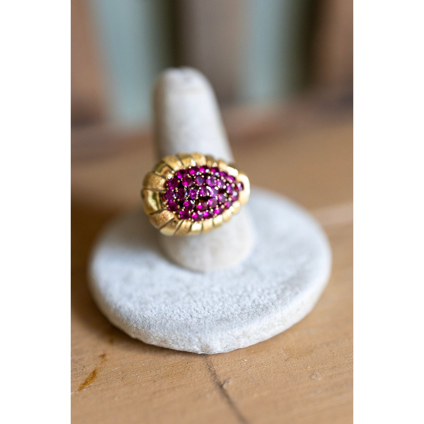 Mid Century 1950's 18K Yellow Gold Ruby Set Cocktail Ring