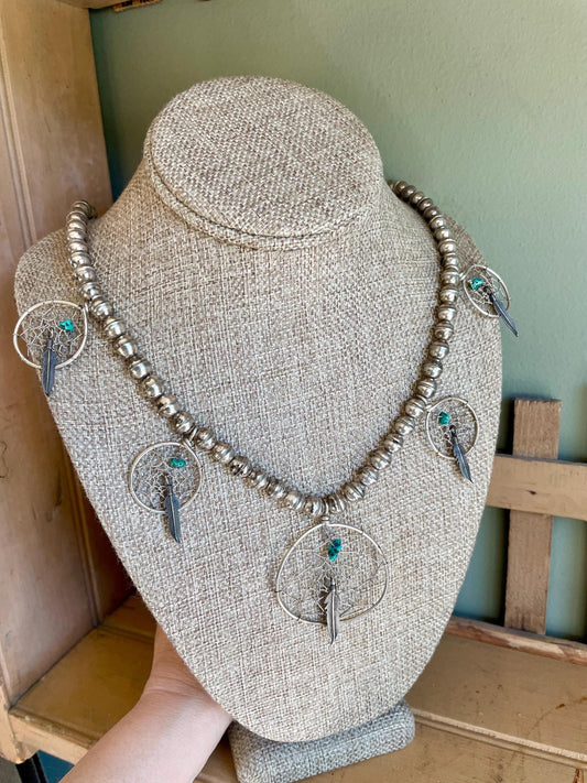 A Vintage Navajo Sterling Silver Handmade Dream Catcher Turquoise Nugget Necklace