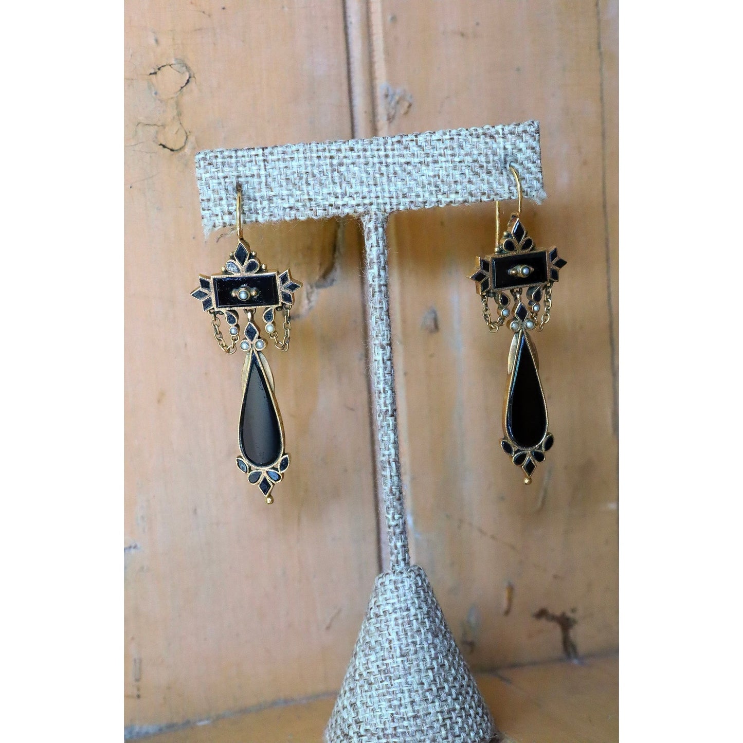 Antique Victorian 14K Gold Black Onyx & Seed Pearl Dangle Earrings