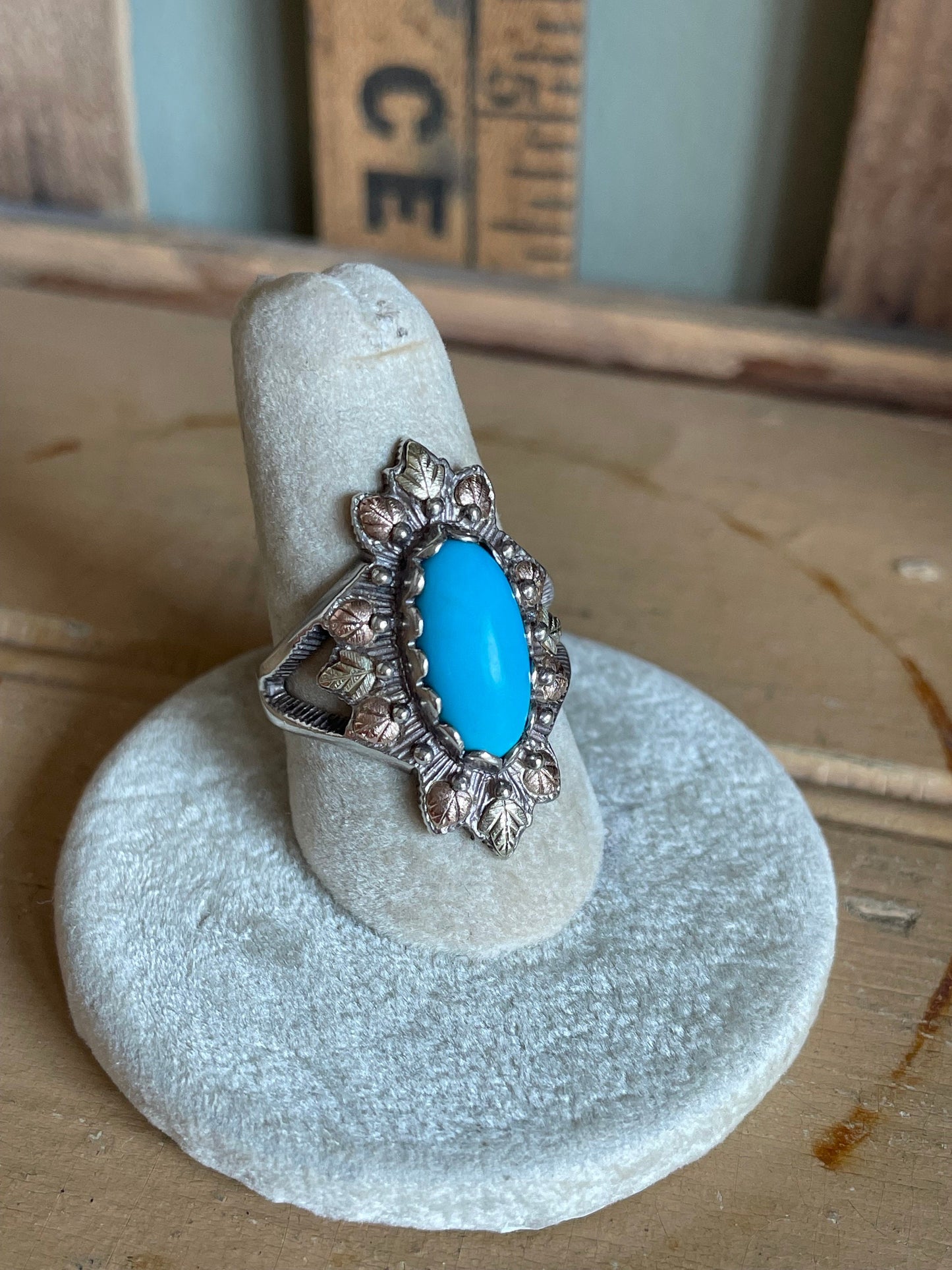 Vintage Turquoise Ring: Sterling, 12K Rose & Green Gold, Size 7