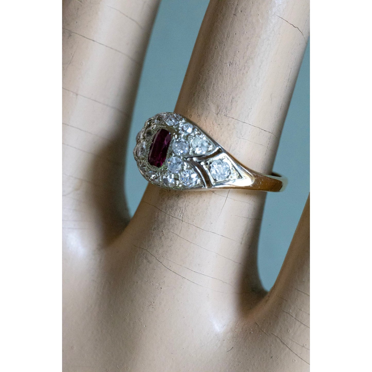 Antique 18K Gold Old Mine Old European Cut Diamonds and Ruby Ring