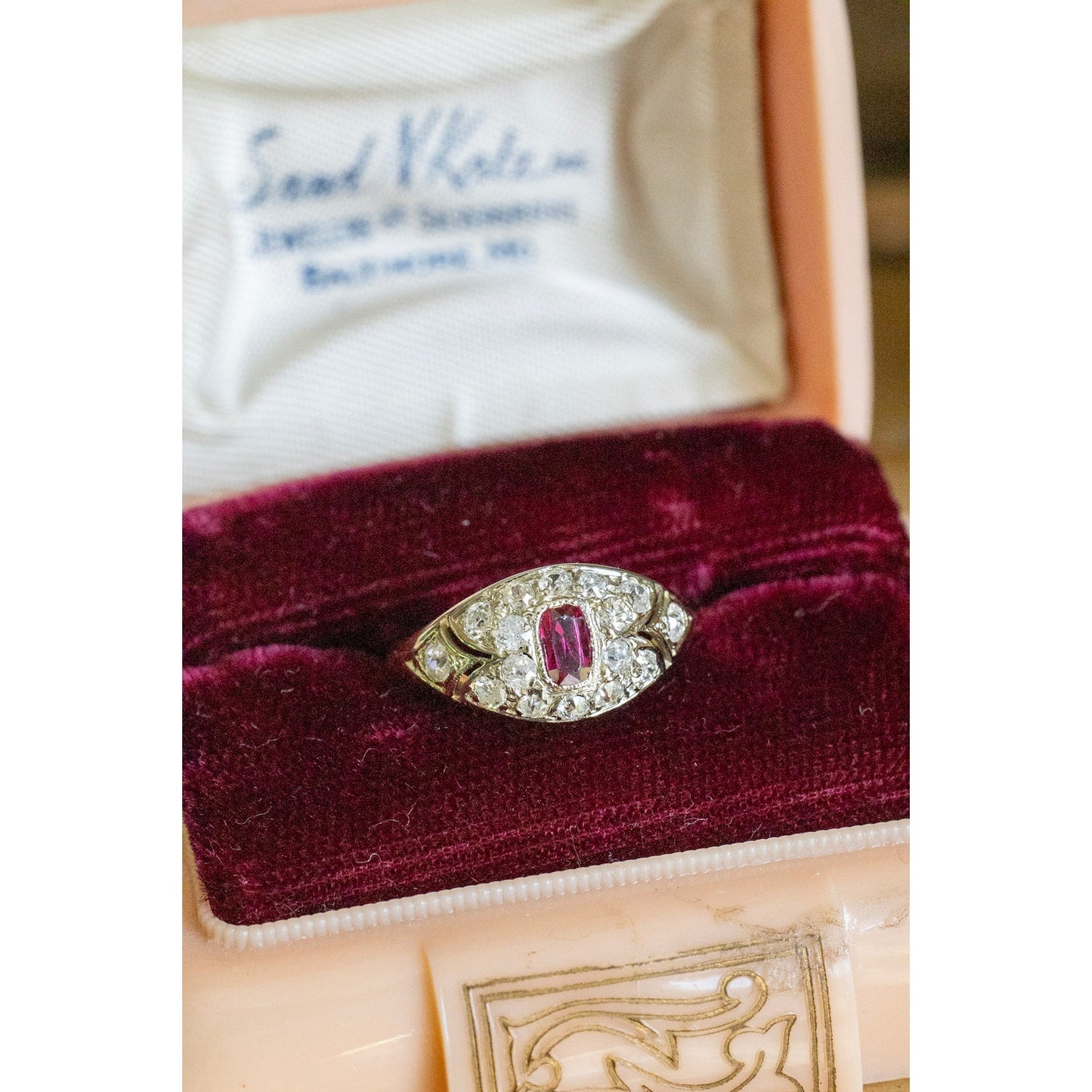Antique 18K Gold Old Mine Old European Cut Diamonds and Ruby Ring