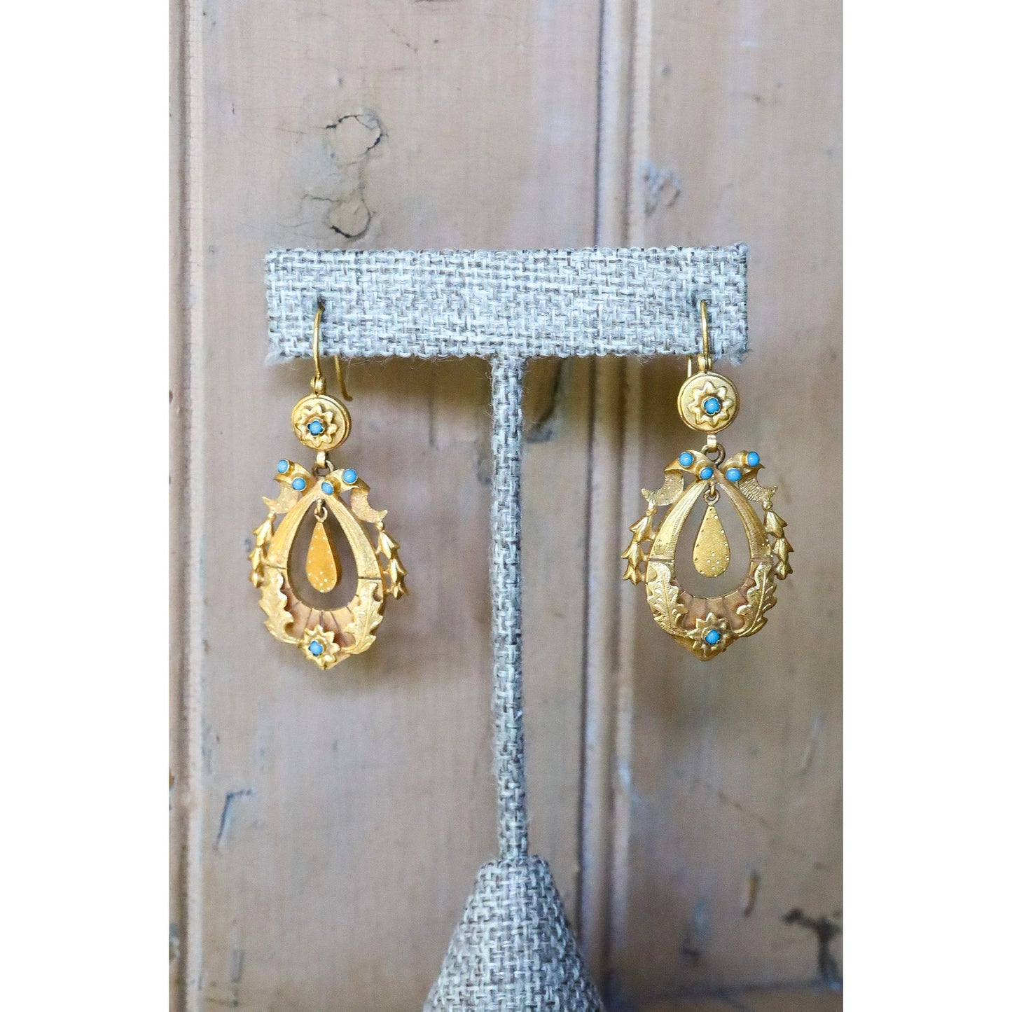 Antique Victorian 14K Yellow Gold Turquoise Set Dangle Earrings
