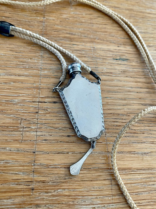 c1920-1930 Sterling Silver Guilloche Perfume Bottle on Original Braided Cord with Slide
