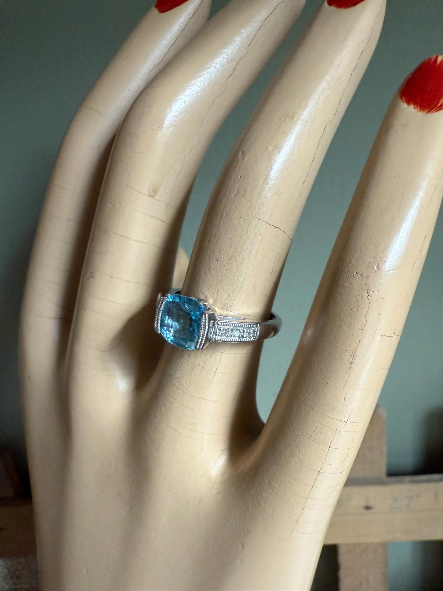 Vintage 10K White Gold Cushion Cut Blue Topaz and Diamond Ring