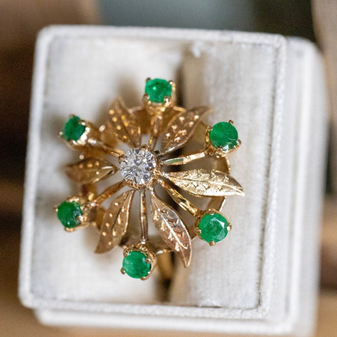 c1960 Vintage 18K Yellow Gold Natural Emerald and Diamond Pinwheel Cocktail Ring