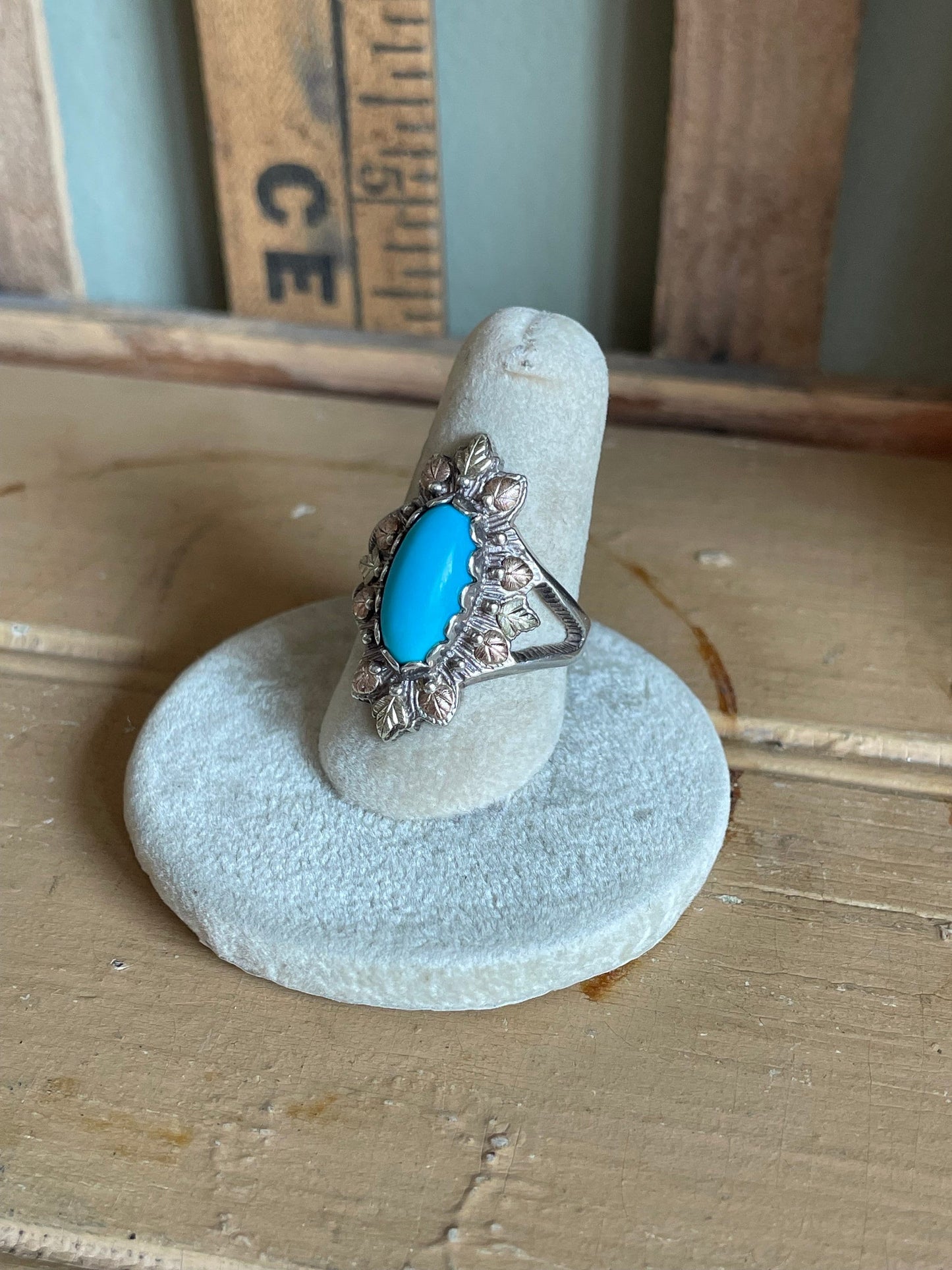 Vintage Turquoise Ring: Sterling, 12K Rose & Green Gold, Size 7